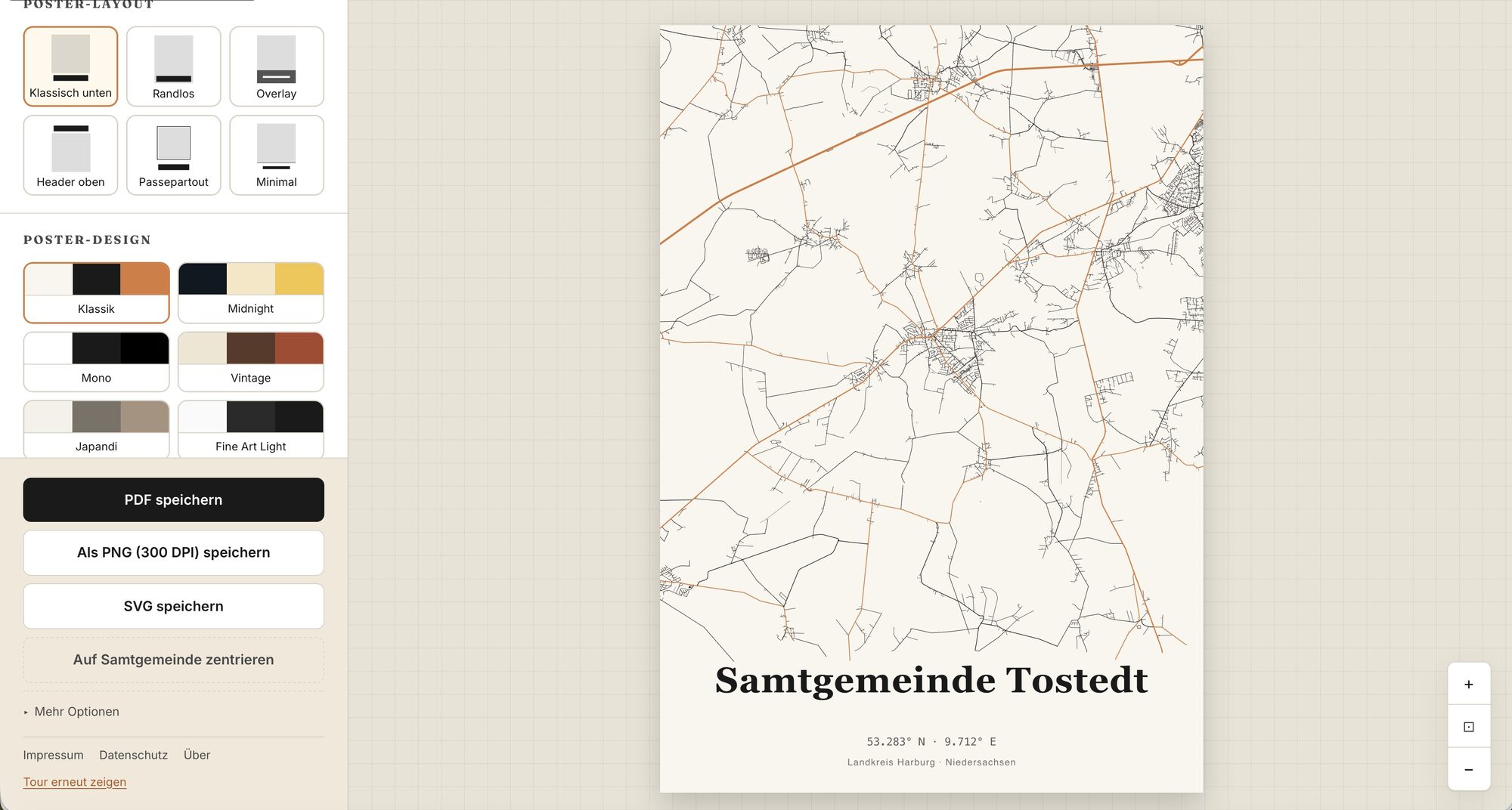 Screenshot: Helles Kartenposter der Samtgemeinde Tostedt im klassischen Layout