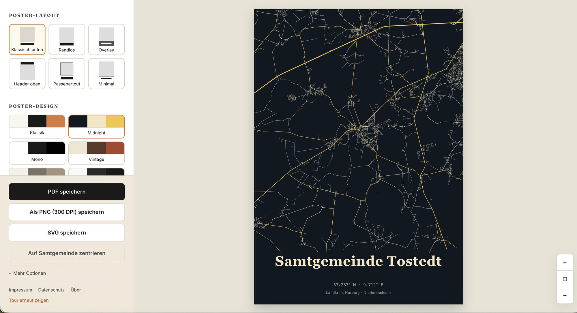 Screenshot: Dunkles Poster der Samtgemeinde Tostedt mit gelben Straßenlinien und großer Überschrift